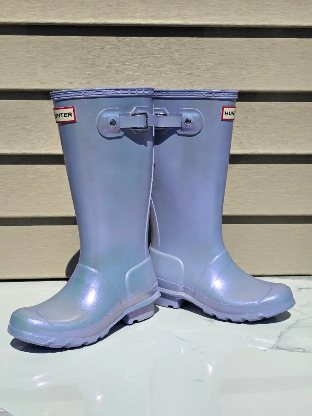 Hunter Nebula Kids Tall Rain Boots (light purple iridescent finish)